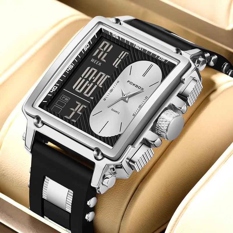 FOXBOX New Creative Square Watch Men Fashion Business Silicone Waterproof Men's Electronic Wristwatch LED Backlight Chronograph