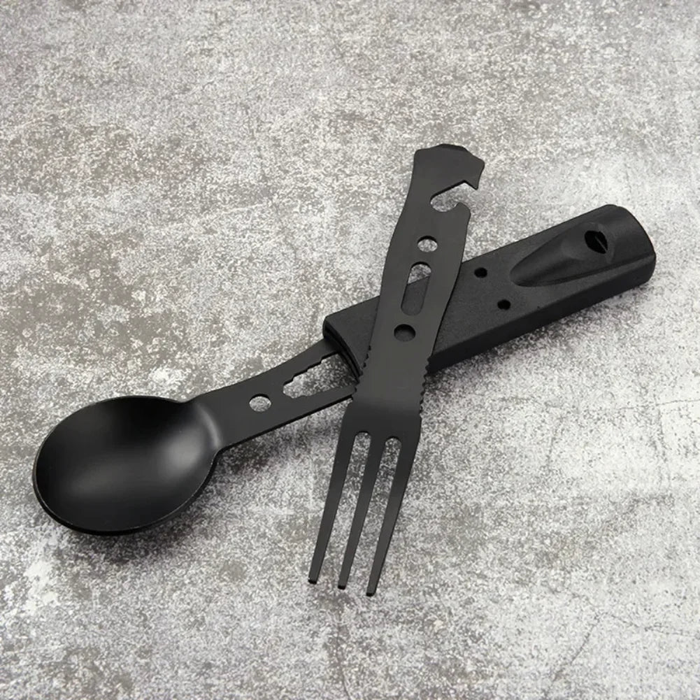 Portable Multifunctional Stainless Steel Camping Tool Set,Outdoor Tableware Kit With Spoon Fork AndWhistleForHiking PicnicTravel