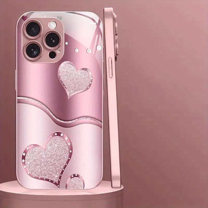 Cute Love Heart Pattern Phone Case For Samsung S25 S24 S23 S22 S21 S20 Note20 Edge Plus Ultra 4G 5G Luxury Tempered Glass Cover