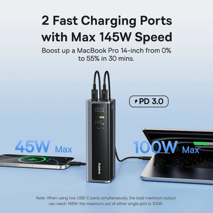 Baseus EnerGeek 145W Power Bank 20800mAh Dual USB A USB C PD 100W Fast Charging Digital Display Portable PowerBank for Laptop