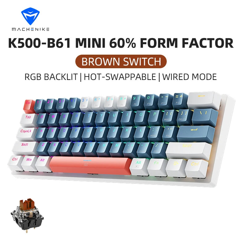 K500-B61 Machenike Mini Mechanical Keybaord 60% Form Factor 61Keys Gaming Keybaord Wired Full Key Hot-Swappable RGB Backlit