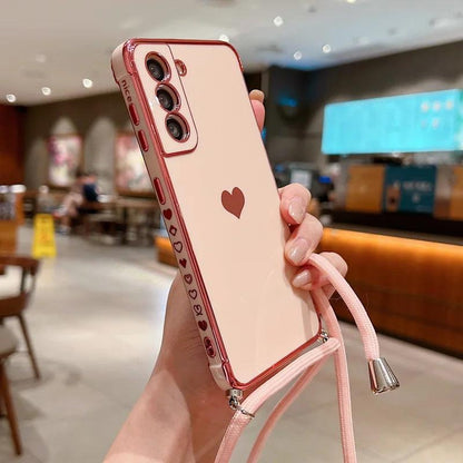 Crossbody Strap Cord Phone Case For Samsung Galaxy S26 S25 S23 S24 Ultra S24 FE A17 A57 A16 A55 5G Plating Heart Lanyard Cover