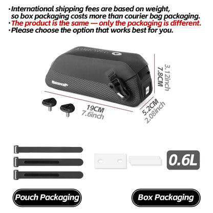 Rhinowalk Bicycle Top Tube Bag Waterproof Bike Front Frame Storage Bag Screw & Strap Fixed Cycling Travel For MTB Road Gravel