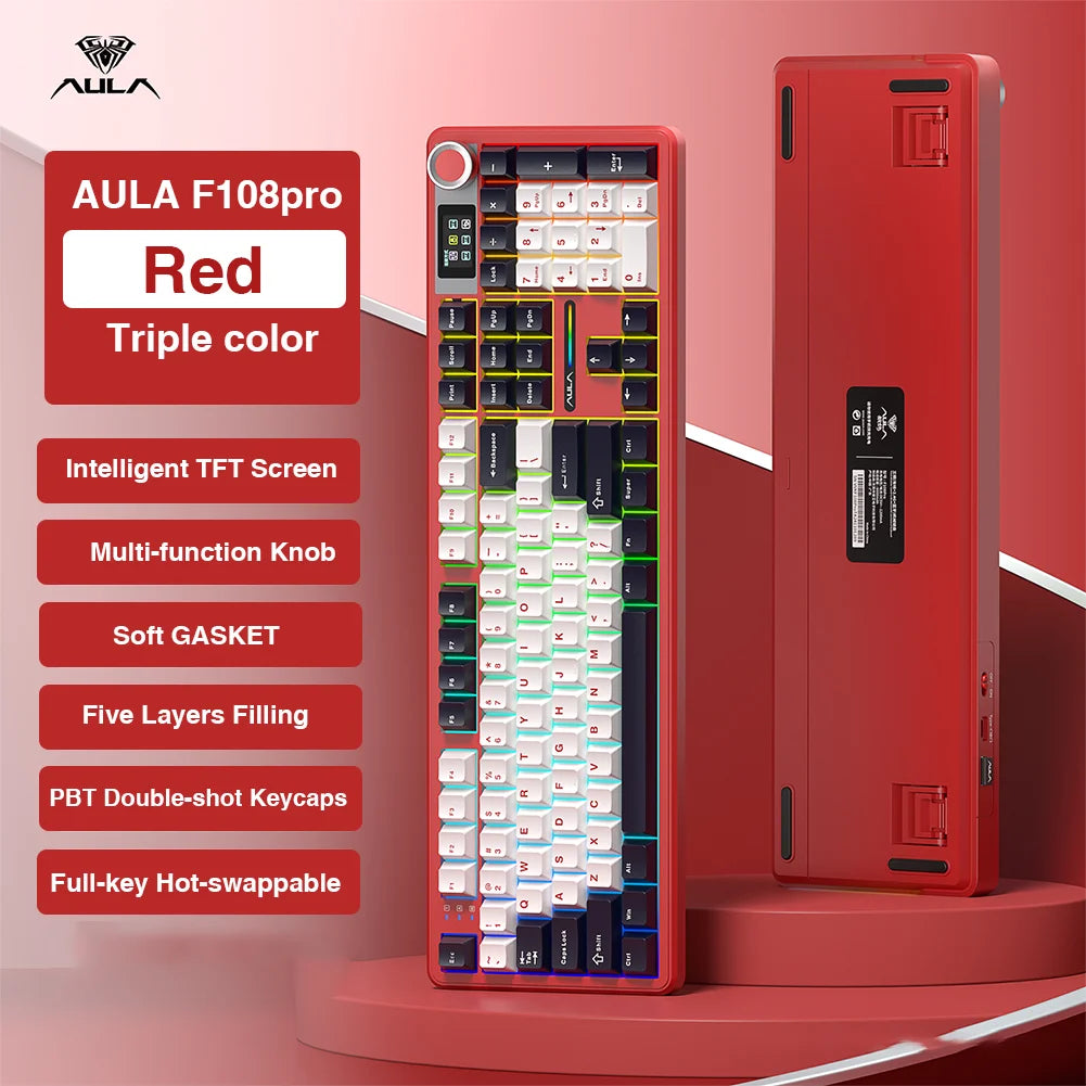 AULA F108 pro Wireless Bluetooth Keyboard Macro Gaming keyboard Gasket Hot-swap Full Size Keyboard with TFT Smart Display