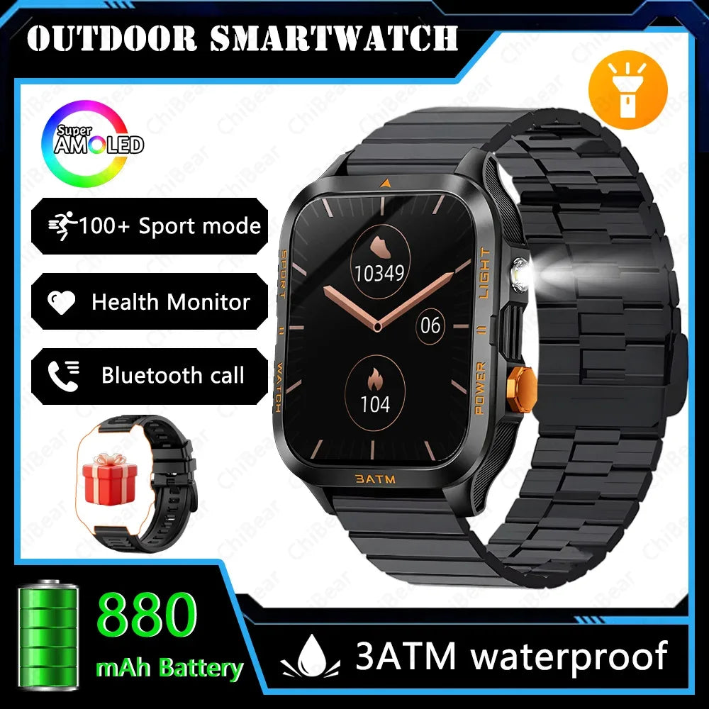 Outdoor Smartwatch Men GPS Sports 800mAh Battery Bluetooth Call Health 1.96-inch Screen Flashlight 3ATM Waterproof Smart Watch - Urbizia