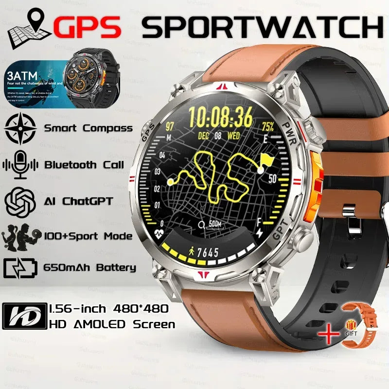 Military Grade Smart Watch Men GPS Compass Altimeter Clock 1.56" AMOLED 5ATM Waterproof Sport Fitness Tracker BT Call Smartwatch - Urbizia
