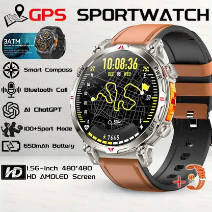Military Grade Smart Watch Men GPS Compass Altimeter Clock 1.56" AMOLED 5ATM Waterproof Sport Fitness Tracker BT Call Smartwatch - Urbizia