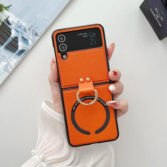 PU Leather Phone Cover for Samsung Galaxy Z Flip 7 FE 6 5 4 3 Case with Ring Holder for Magsafe Magnetic Wireless Charge Flip6