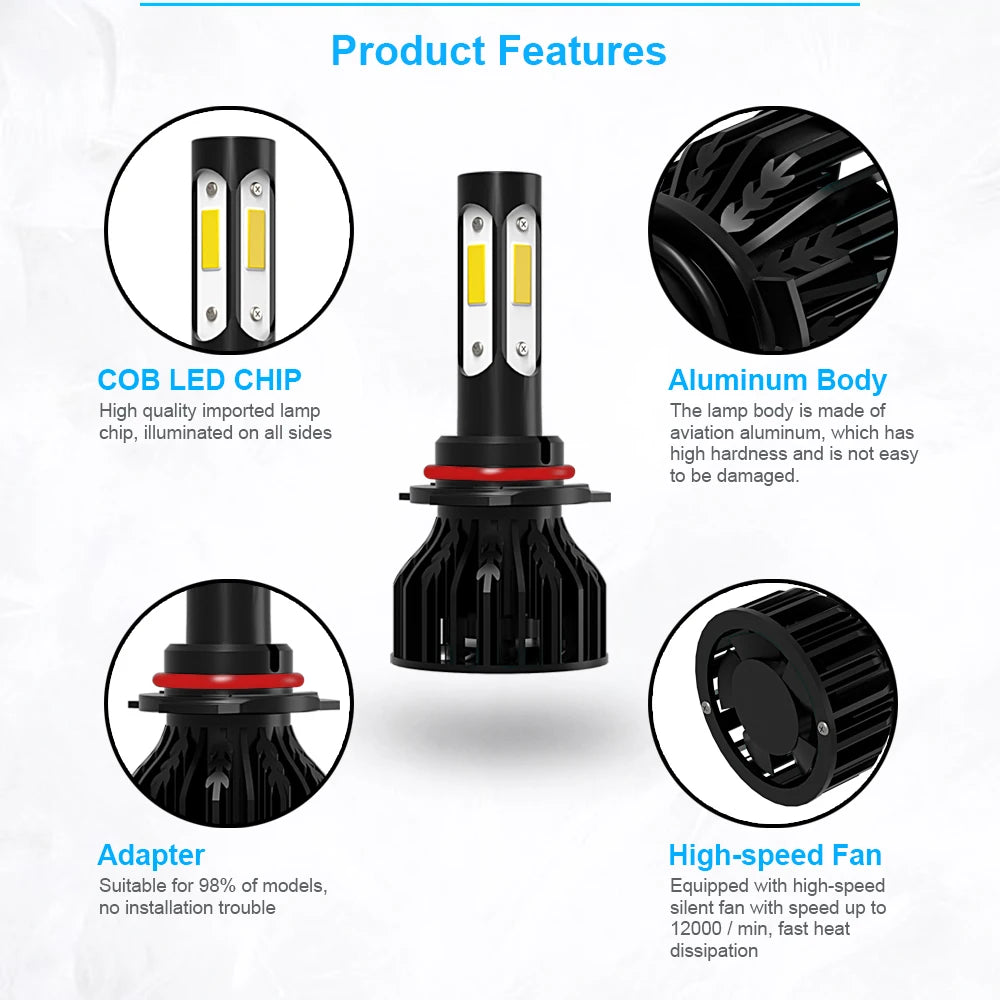 2pcs New 4 Sides 9005/HB3 9006/HB4 H4 H7 H11 H13 9004 9007 Car LED Bulbs 6000K White 8000K Ice Blue 26000LM 360 Beam Angle