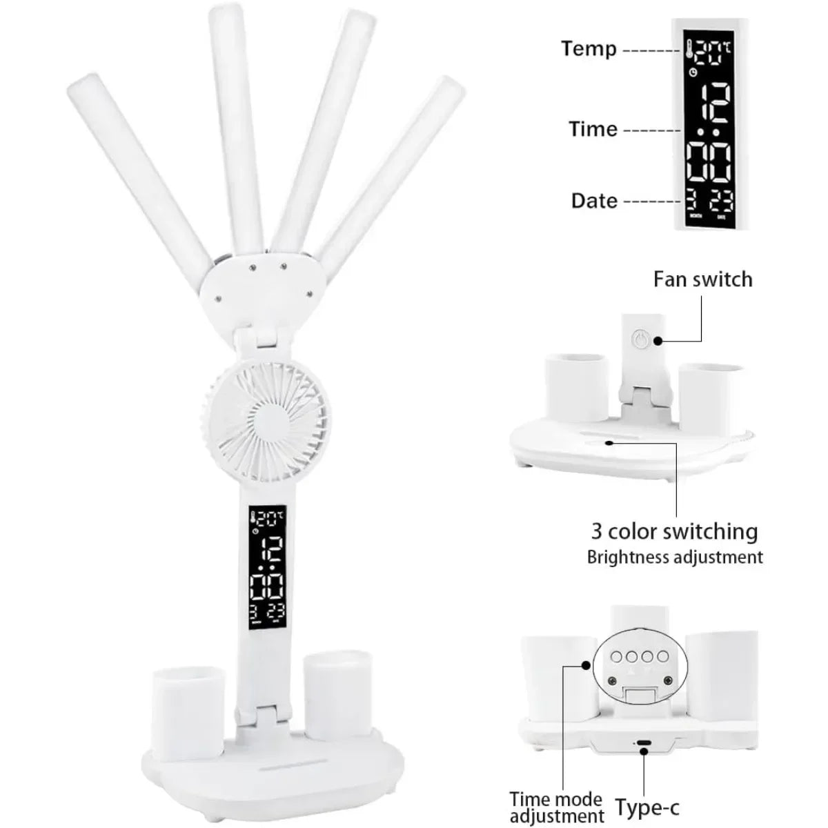 3 Color LED Table Lamp with Fan And Clock Four Headed Folding USB Charging Multifunction Desk Lamp for Reading Night Light - Urbizia