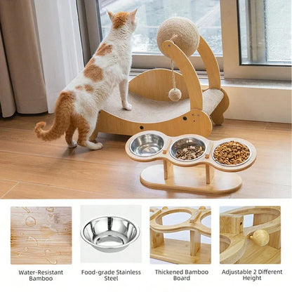 Raised Cat Feeder 3 Bowls in 1 Feeding & Watering Supplies 15° Raised Puppy 3 Stainless Steel Bowls Wood Stand Cats Accessories - Urbizia