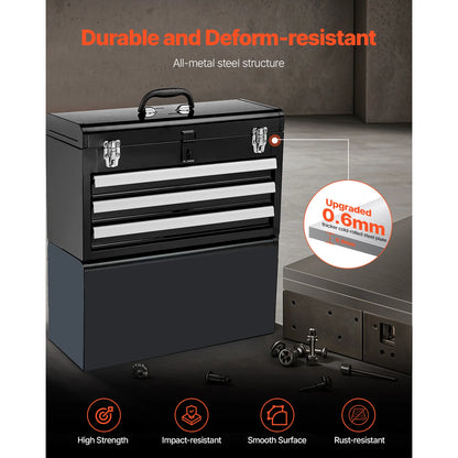 SucceBuy 20in 3-Drawer Metal Tool Box Black/Red Tool Chest with EVA Liners Multifunction Tool Organizer for Garage & Workshop