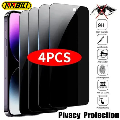 NNBILI 4Pcs Full Cover Privacy Screen Protector For iPhone 11 12 13 14 15 16 17 18 Pro Max Anti-spy Glass For iPhone 18Pro Glass