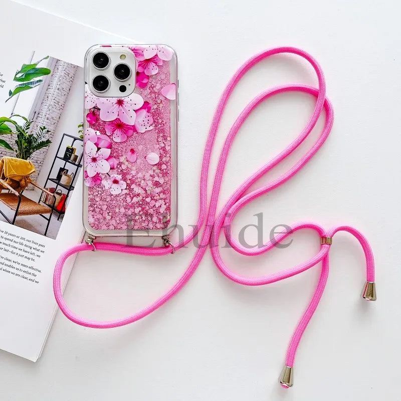 Quicksand Strap Case For Samsung Galaxy S26 Ultra S24 S23 S25 Plus S21 S22 S20 FE Liquid Glitter Flower Crossbody Lanyard Cover
