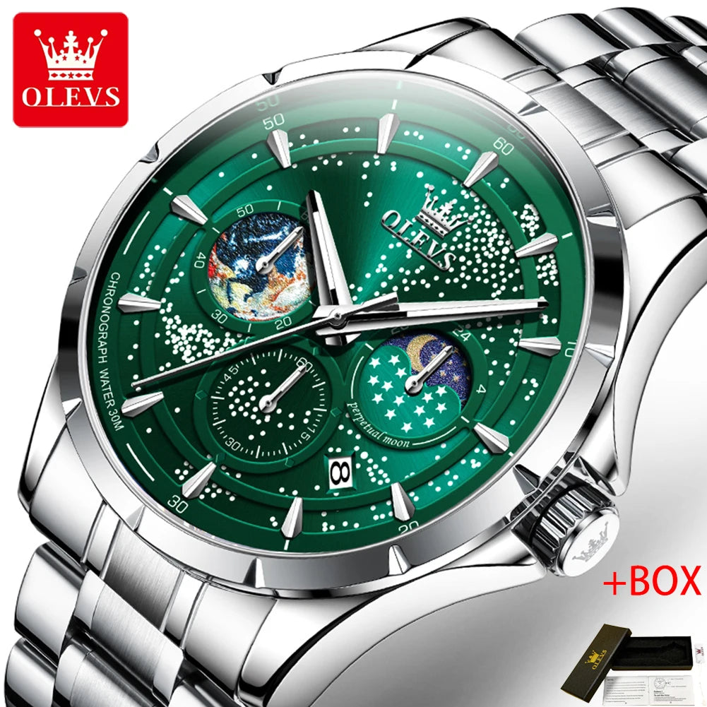 OLEVS Fashion Starry Sky Green Dial Quartz Watch for Men Multifunction Moon Phase Luminous Chronograph Watches Relogio Masculino