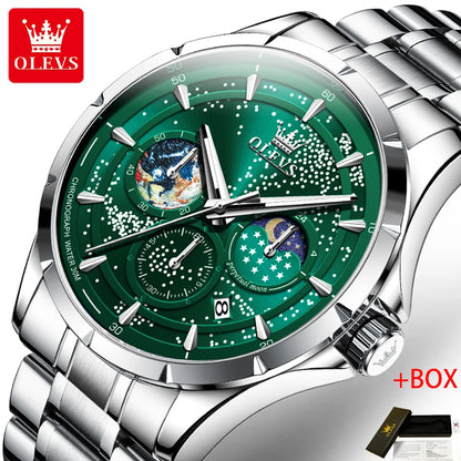 OLEVS Fashion Starry Sky Green Dial Quartz Watch for Men Multifunction Moon Phase Luminous Chronograph Watches Relogio Masculino