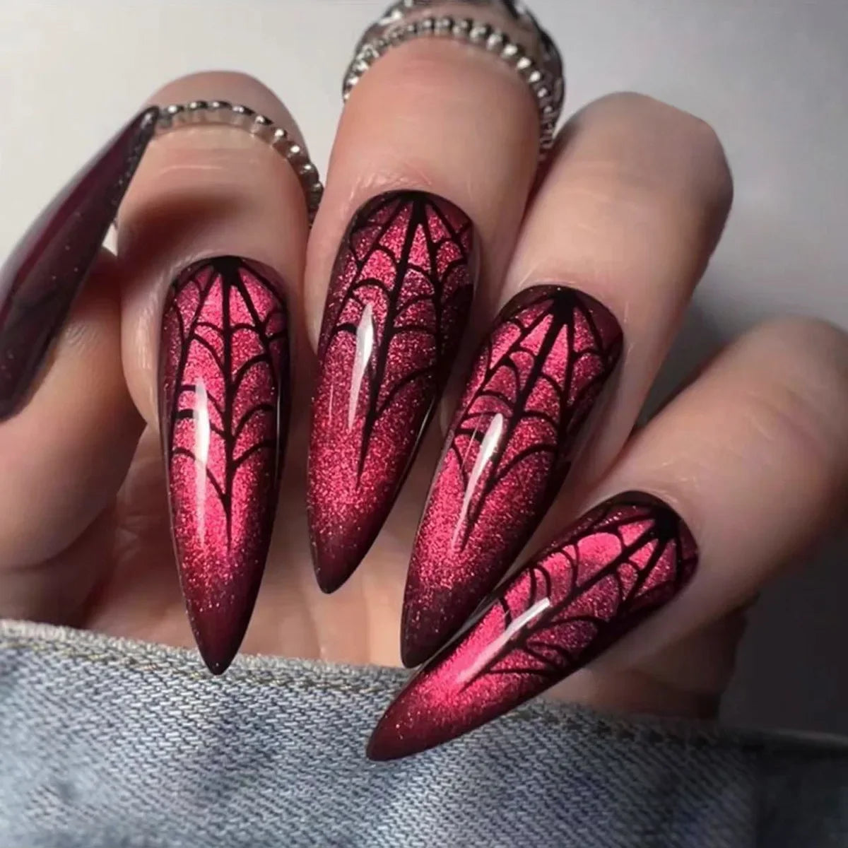 24Pcs Blood Splatter Almond Press-on Nails – Long Glossy Red & White Halloween Fake Nail Kit
