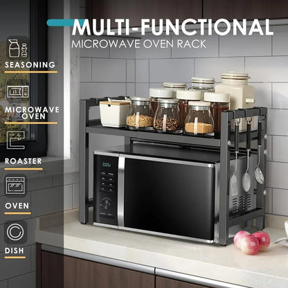 Adjustable Microwave Oven Rack with Hooks & Storage Stand