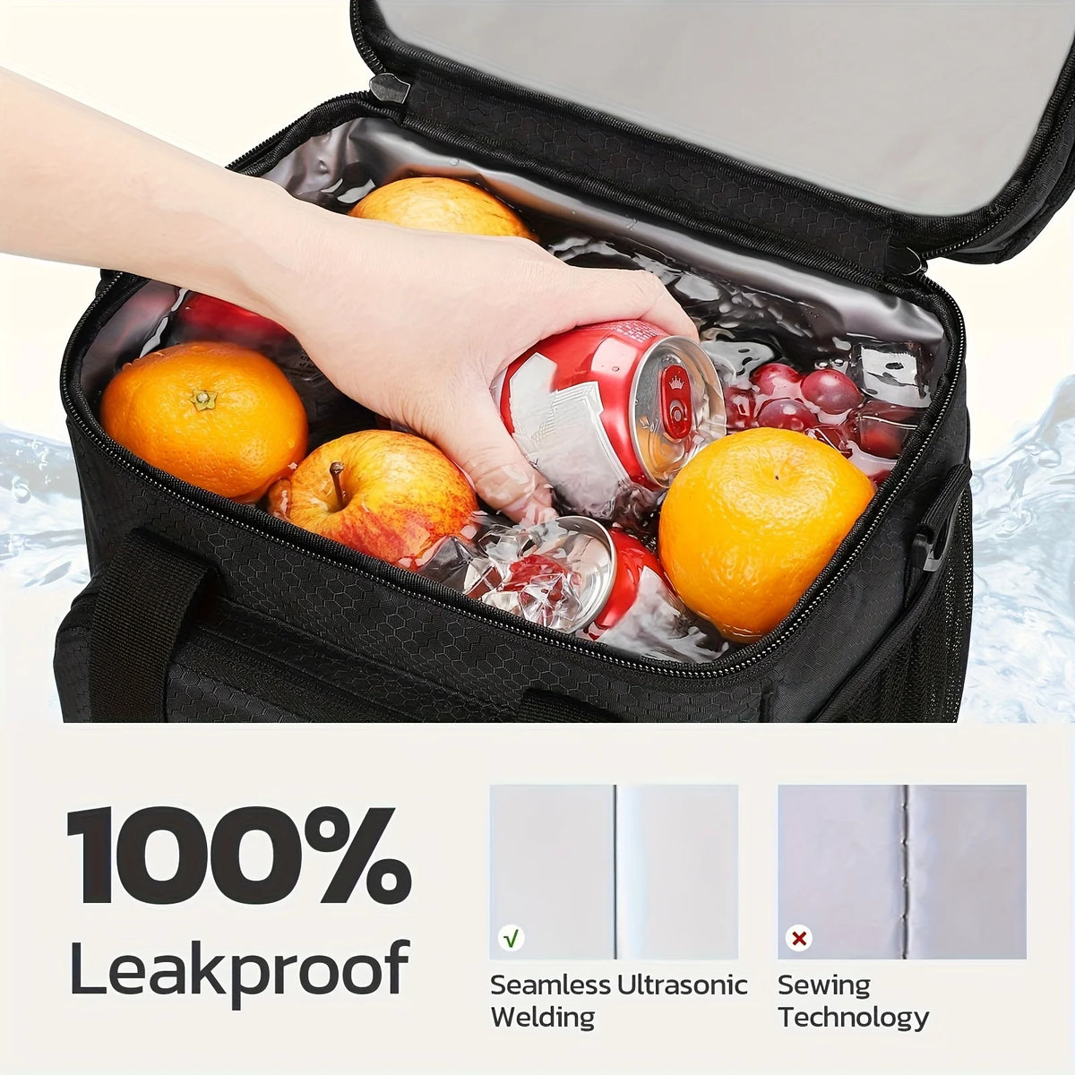 Insulated Lunch Bag|Leak-proof Polyester Cooler Tote with PVC Lining|Adjustable Shoulder Strap and Side Mesh Pockets.