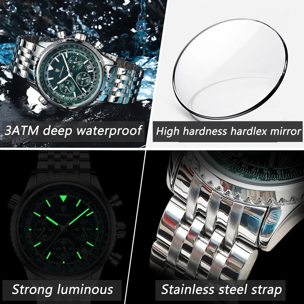 POEDAGAR Luxury Business Men's Watch Stainless Steel Chronograph Date Sport Quartz Man Clock Waterproof Luminous Military Watches For Men