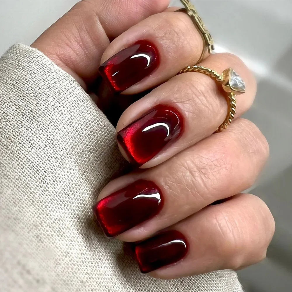 Sparkling Red Cat Eye Fake Nails – Solid Color Press-On Halloween Nails with Glue