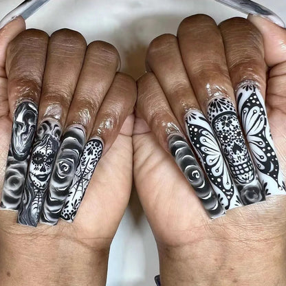 24pcs Halloween Press-On Nails – Gothic Punk 3D Spider Skull Design, Black Y2K Coffin French Fake Nails