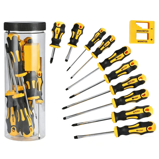 11-Piece Magnetic Screwdriver Set Magnetic Tips Yellow Manual Repair Tool Kit Handy Bucket Cushion Handle for 11pcs/bucket