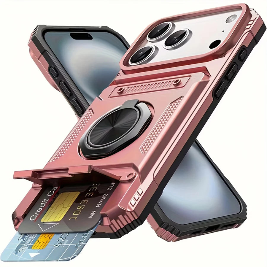 Rugged Armor Phone Case with Hidden Dual Card Slot & 360° Rotating Metal Ring Holder Kickstand, Shockproof Heavy-Duty Hard Shell with Raised Camera Protection, Compatible with iPhone 18/17 Pro Max/16/15/14/13/12/11/Plus/Aie
