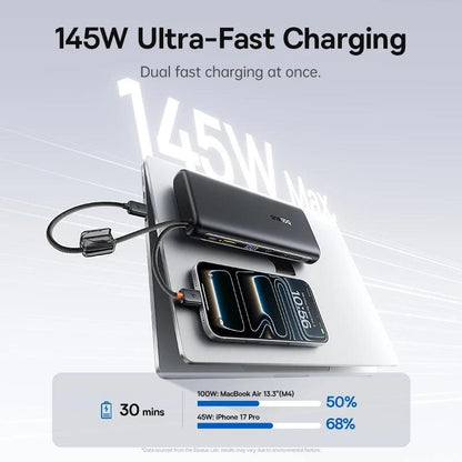 Baseus 145W Power Bank 25000mAh Fast Charging Built-In Type-C Cable Portable Battery Charger for iPhone Samsung MacBook Tablet