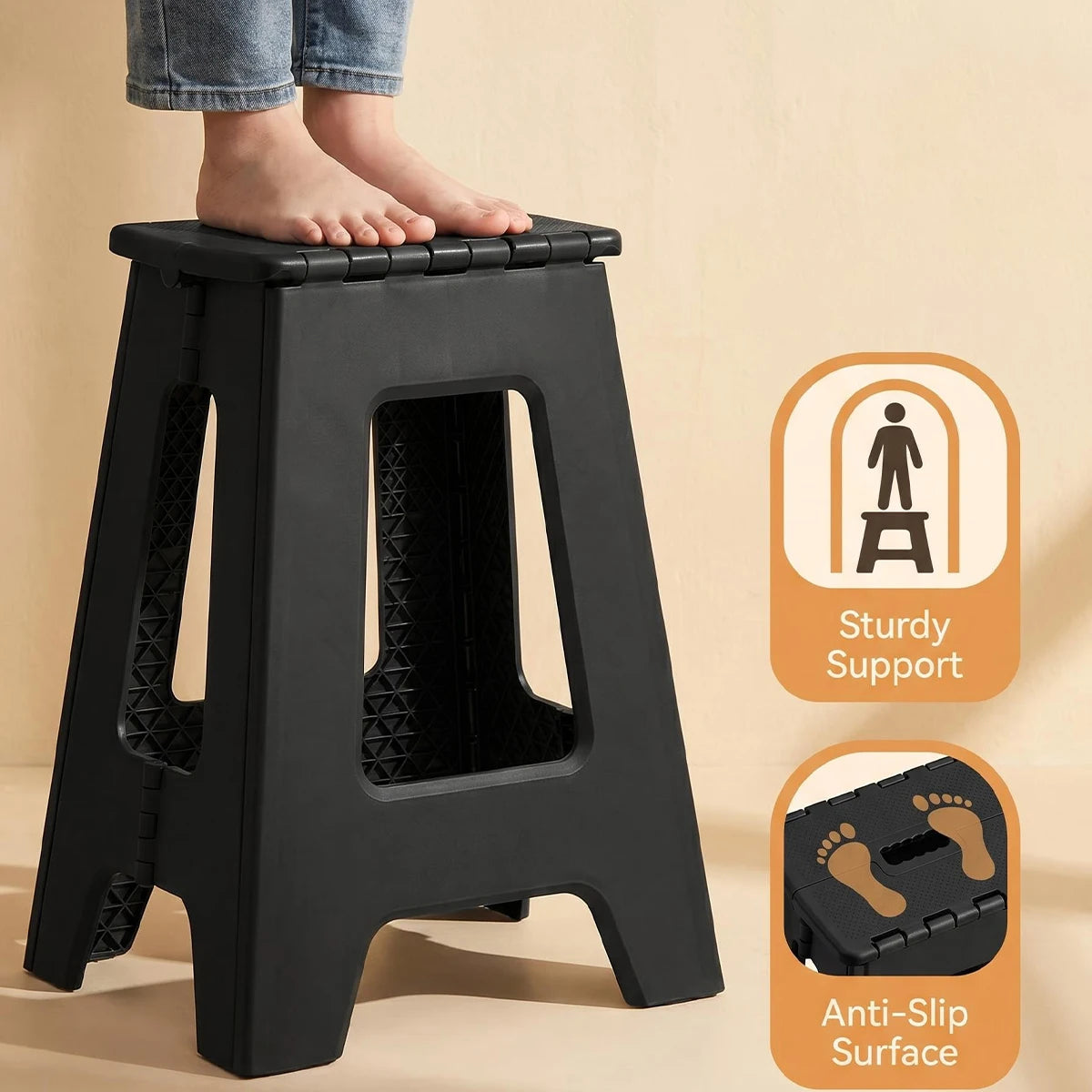 Foldable Stool Chair, 17.5inch Tall Folding Seat , Plastic Foldable Stool for Sitting, Portable Compact Folding Chair for Home Outdoor Camping, Black