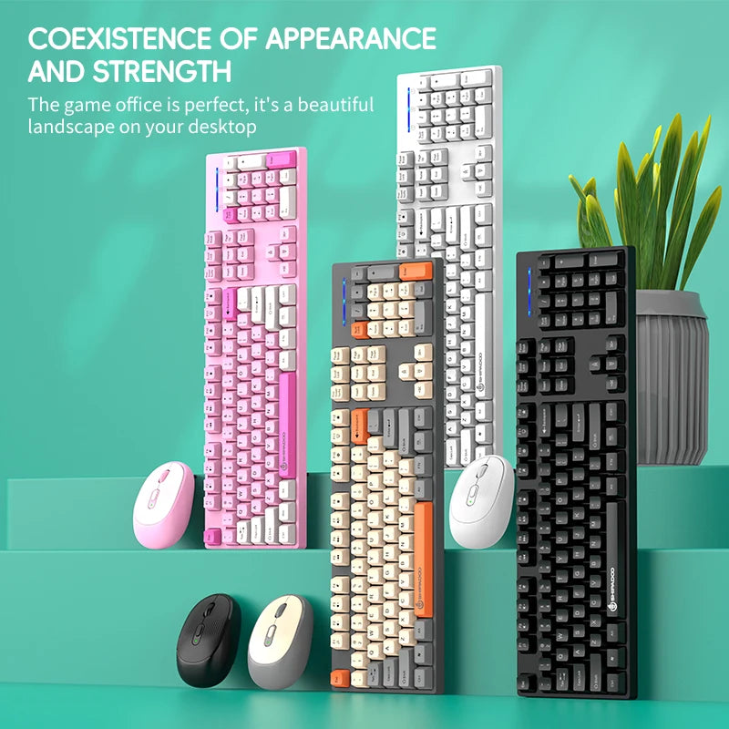 2.4G Wireless Keyboard Mouse Combo for Office Home - Battery Operated, 4 Color Options (Tricolor/Pink Popular) - Stable & Durabl