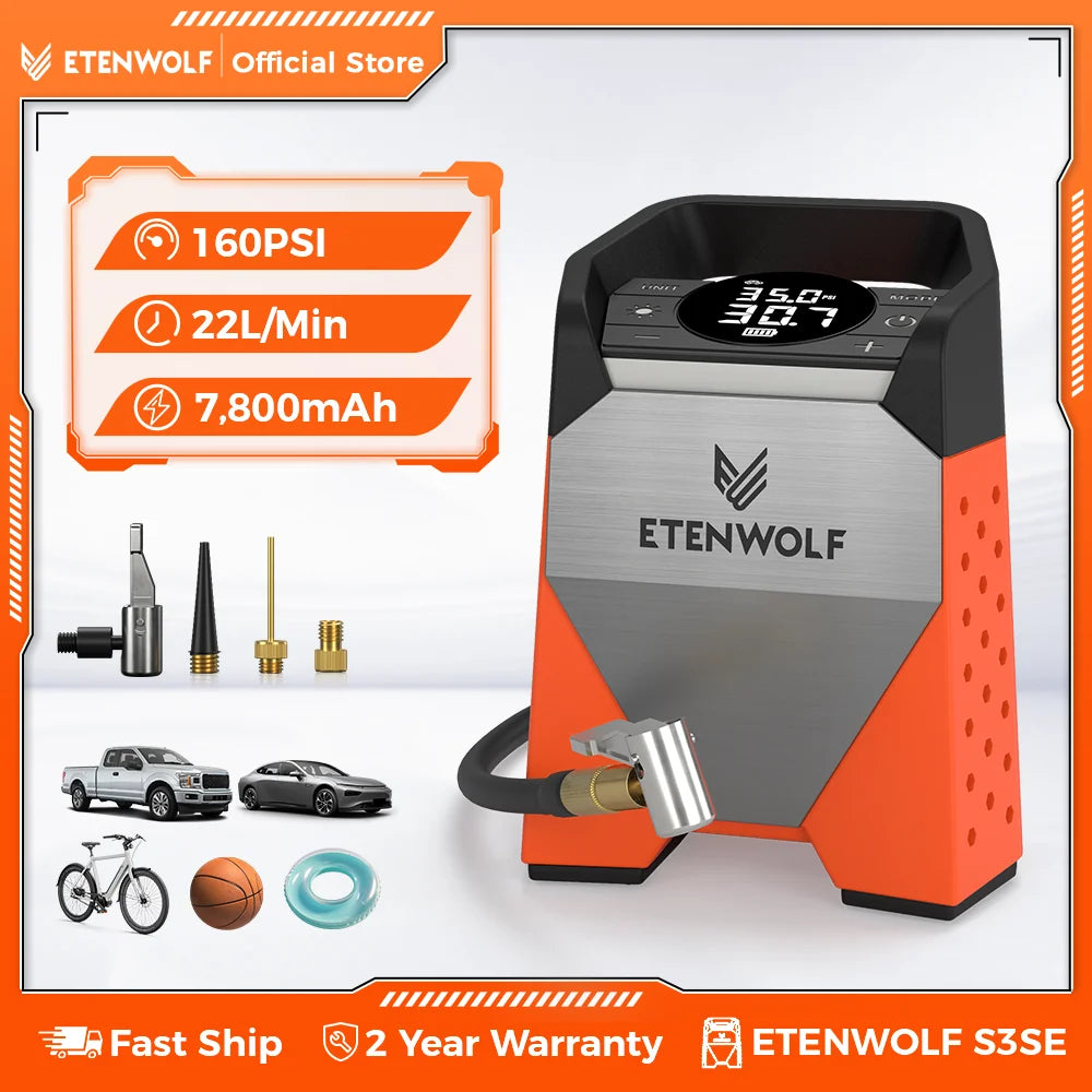 ETENWOLF ZEPHYR S3C 7800mAh Portable Air Compressor Suitable for Cars, Motorcycles, Cycling Balls 100% Duty Cycle Car Tire Inflator
