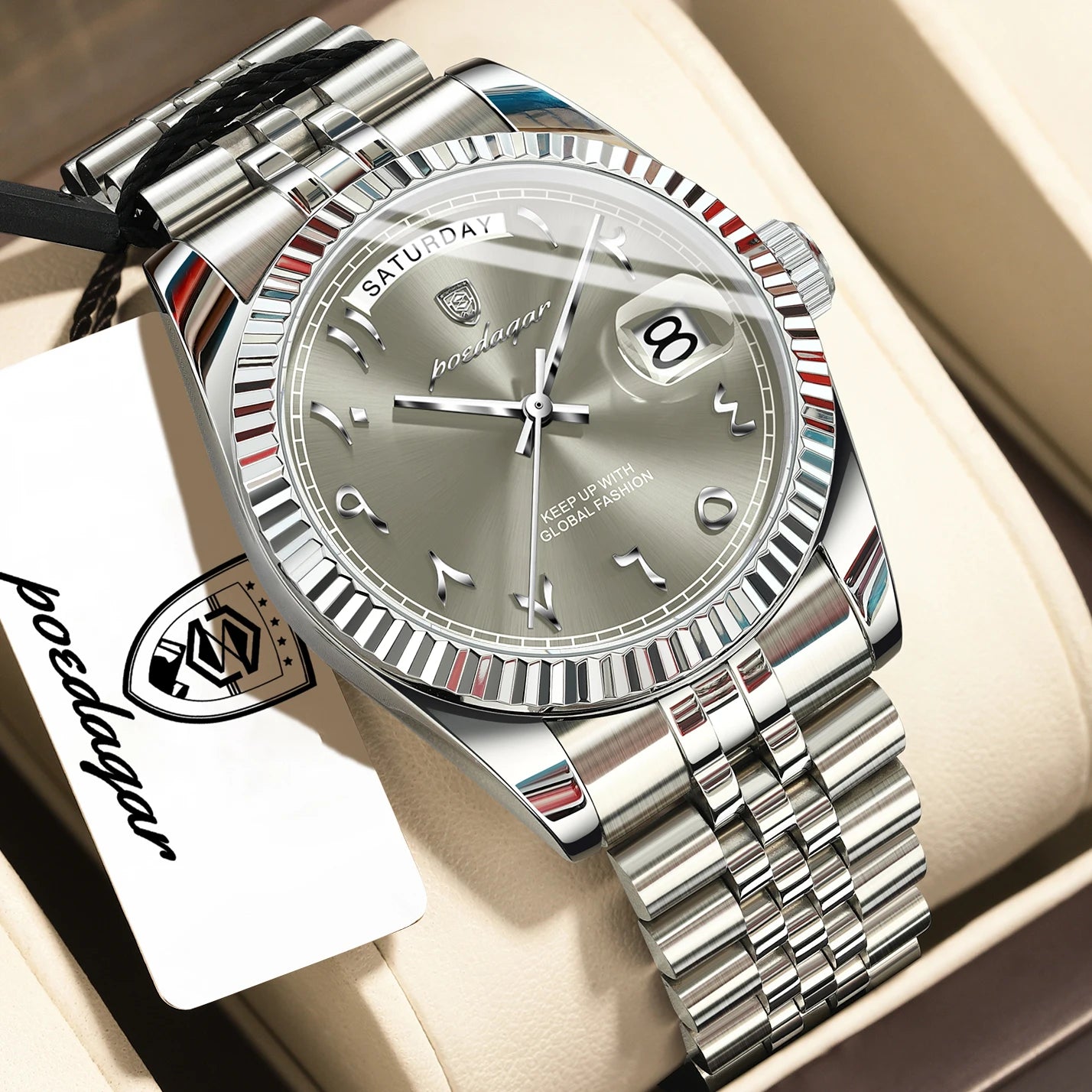 POEDAGAR Top Trendy Man Clock Stainless Steel Waterproof Business Men Watch Date Week Quartz Creative Men's Watches Reloj Hombre