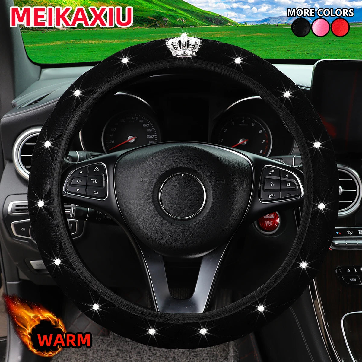 Winter Short Fur Velvet Steering Wheel Cover Diamond-Encrusted Crown Blingbling Car Interior Accessory without Inner Ring