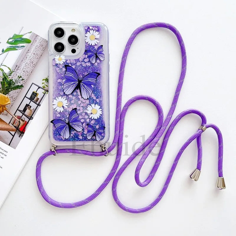 Quicksand Strap Case For Samsung Galaxy S26 Ultra S24 S23 S25 Plus S21 S22 S20 FE Liquid Glitter Flower Crossbody Lanyard Cover