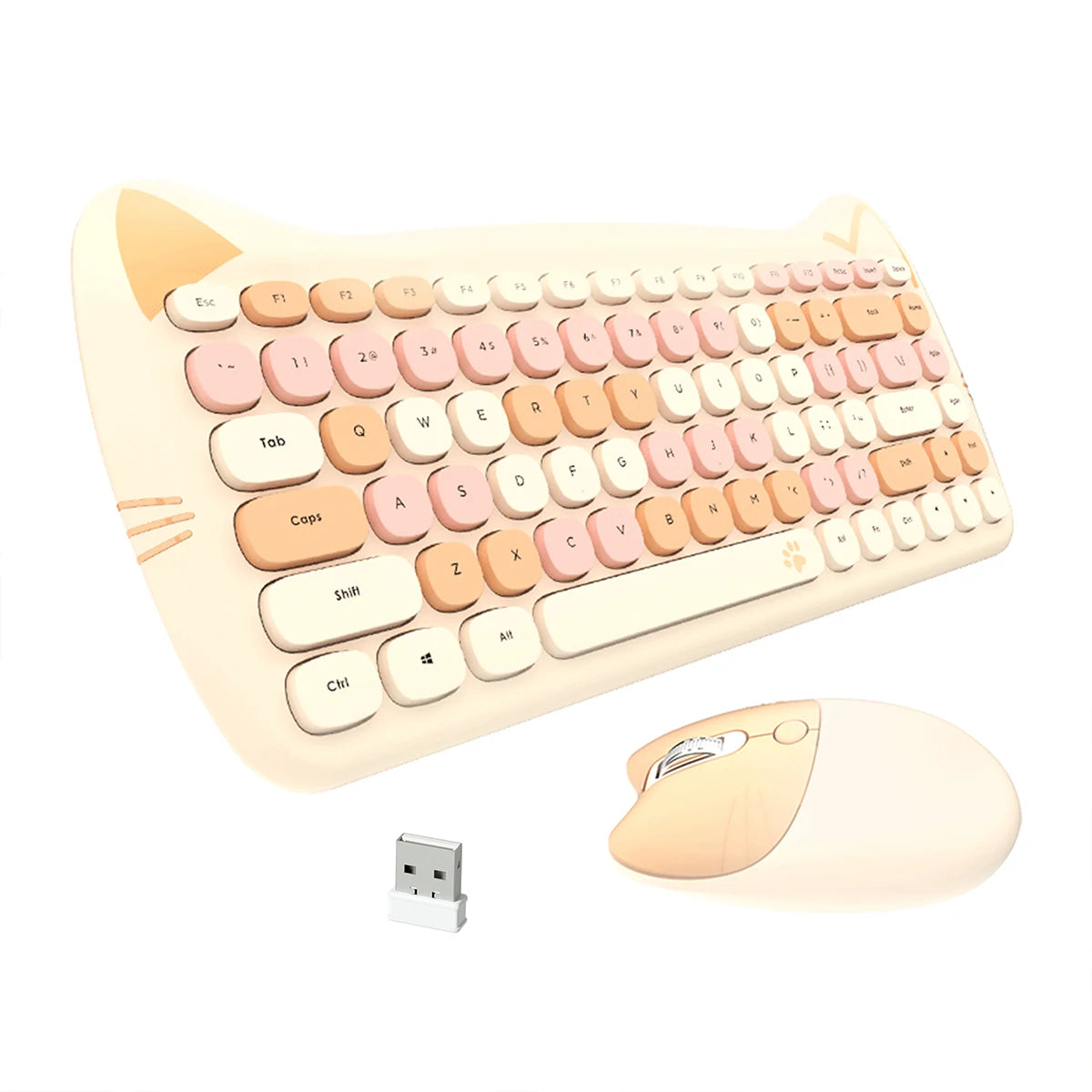 GEEZER Wireless Connection Cute Cat Shape Mixed Color Keycaps Ergonomic Cute Cat Style Keyboard Mouse Set