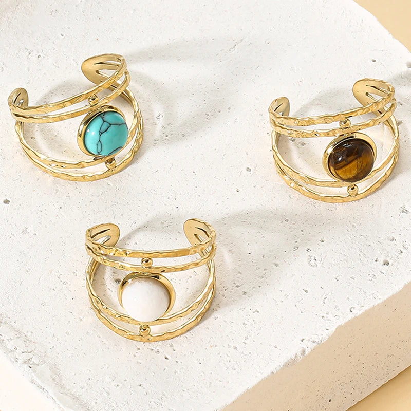 Boho Opal Turquoise Natural Stone Finger Rings Hollow Multi-Layer Jewelry Rings for Women Stainless Steel Ring Women Party Gifts