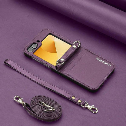 Wallet Crossbody Phone Case For Samsung Galaxy Z Flip 7 FE 6 5 4 3 Flip6 Flip7 5G with Card Holder Wrist Strap Lanyard Leather