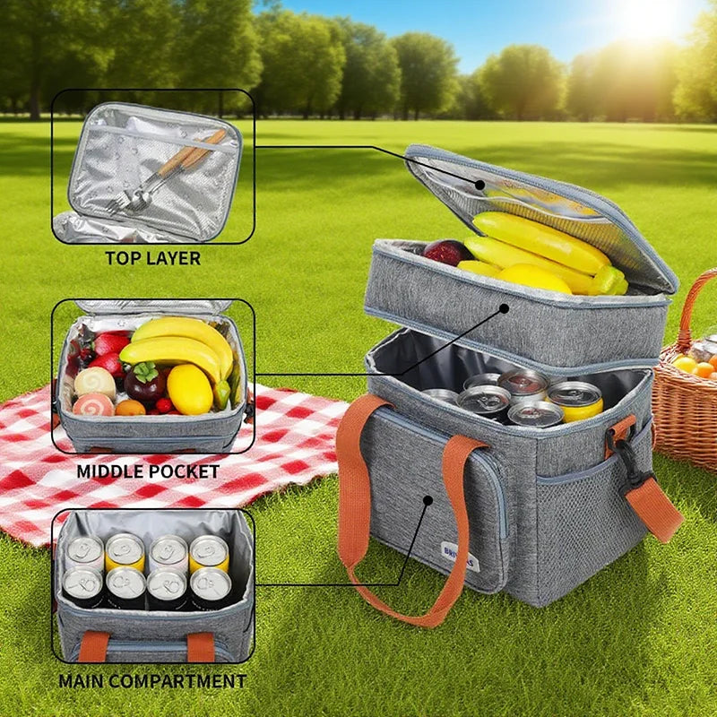1PC Picnic Bags Double Layer Lunch Bag Thermal Insulation Food Drink Storage Tote Crossbody Cooler Picnic Supplies Storage Bags