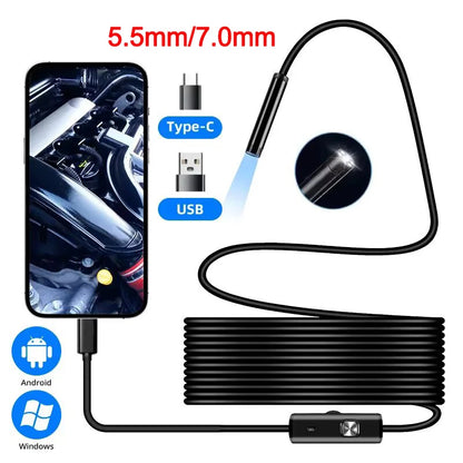 5.5/7.0MM Type-C Endoscope Camera IP67 Waterproof with 6 Adjustable LEDs USB Android Flexible Inspection Borescope for Phone PC