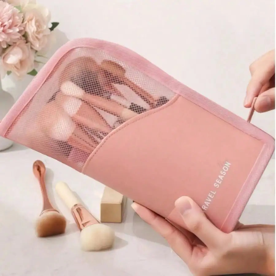 Pink Makeup Brush Holder Bag, With Zipper, Transparent PVC Waterproof Travel Makeup Brush Storage, Portable Makeup Brush Pouch, Professional Makeup Bag, Artist Storage Bag, Essential Foldable Makeup Cup, Suitable Home,, Vacat