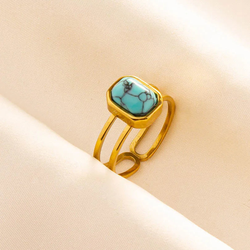 Turquoise Finger Jewelry Long Oval Sun Heart Water Drop Stainless Steel Rings For Women Men Accessories Gold Plated Open Anillos