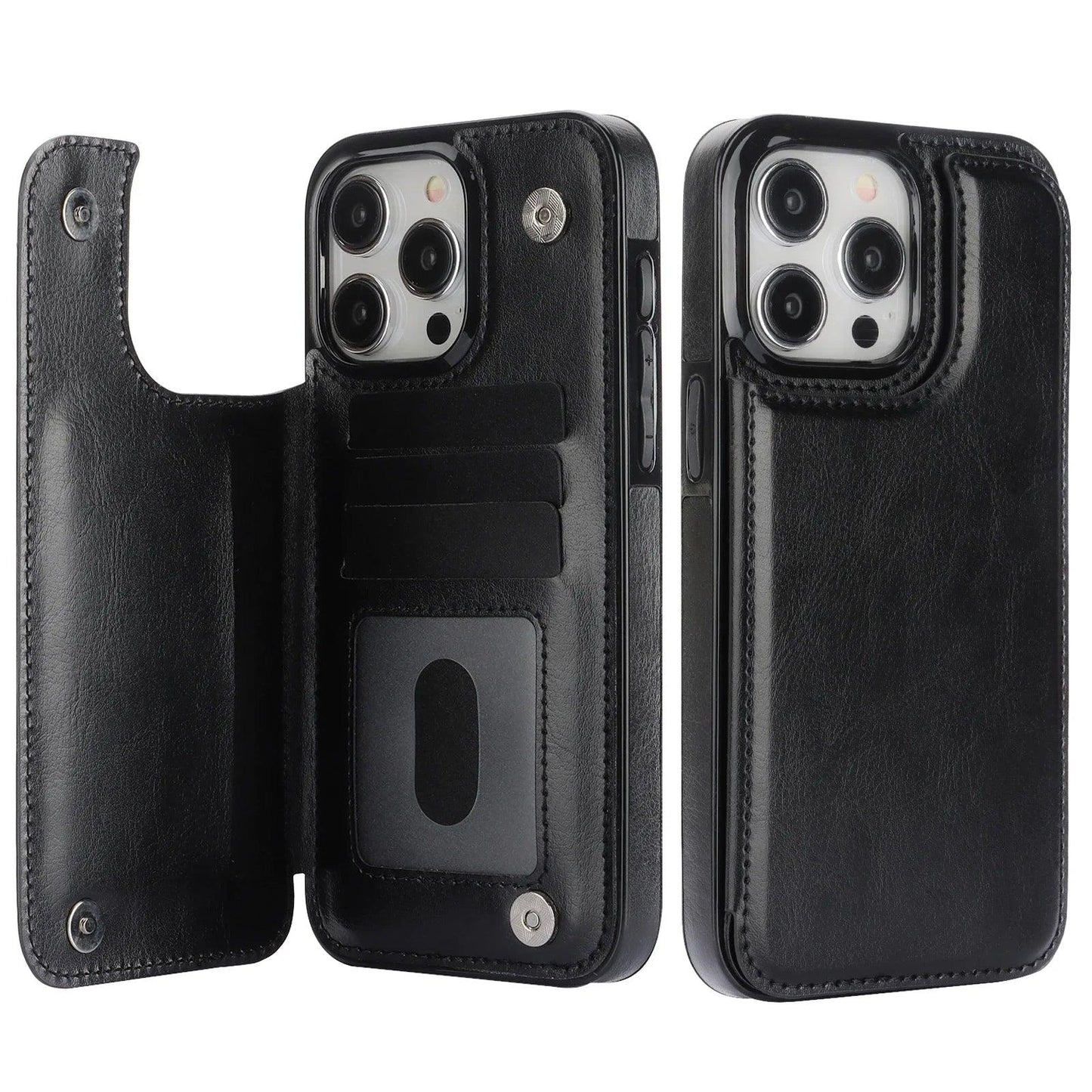 Wallet Double Button With Card Slot Stand Flip Leather Case For iPhone 16e 16 Pro Max 15 Plus 14 13 12 Mini 11 SE3 SE2 X XR 8 7