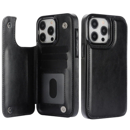 Wallet Double Button With Card Slot Stand Flip Leather Case For iPhone 16e 16 Pro Max 15 Plus 14 13 12 Mini 11 SE3 SE2 X XR 8 7