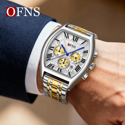 OFNS 1644 Fashion Men Quartz Wristwatch design six-pin Multifunction Chronograph Calendar Waterproof Steel Strap Sports Watches