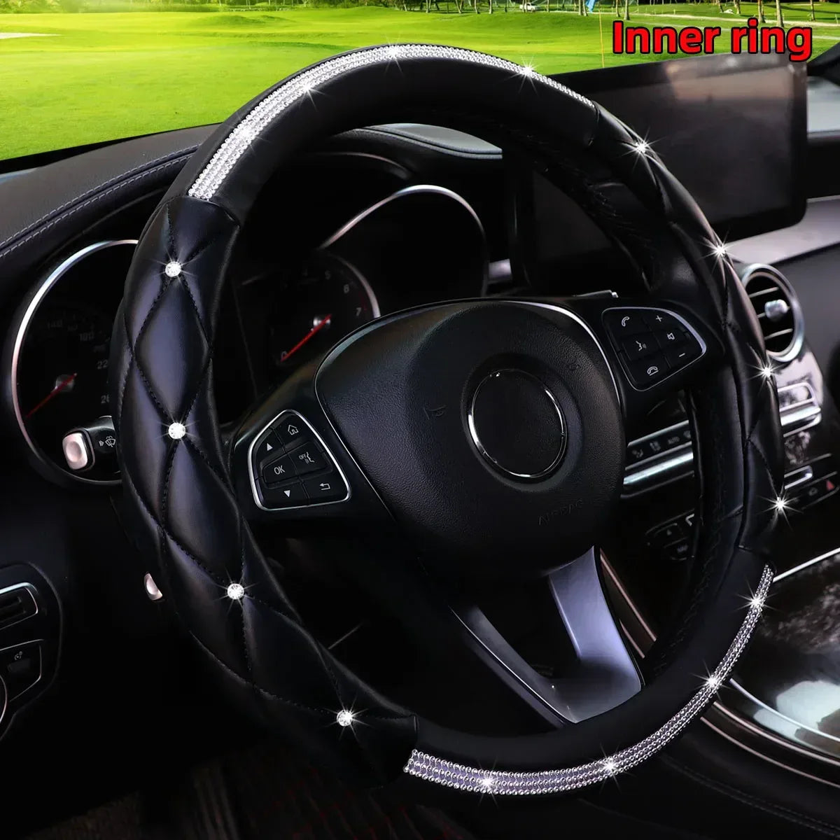 1 Stereo Leather Inset Faux Diamond Flash Blingbling Car with Inner Ring Steering Wheel Cover for 14.5-15 Inch Car Accessories - Urbizia