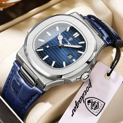 POEDAGAR Business Men's Watch Date Waterproof Luminous Luxury Men Clock High Quality Leather Quartz Square Watches For Man Reloj