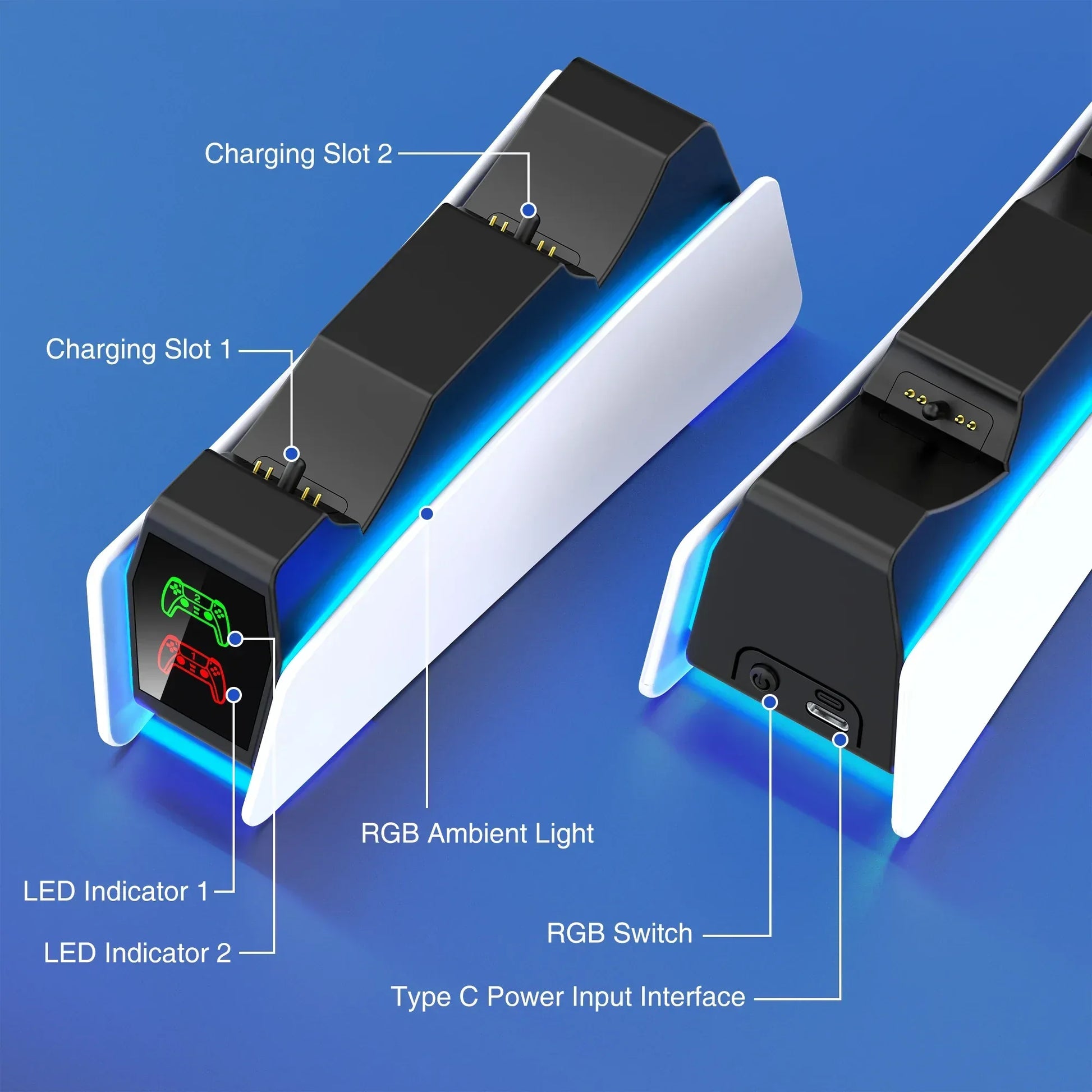 RGB Controller Charging Station For PS5 Dual Fast Charger RGB Indicator Charging Stand Docking Station For PS5 Gamepad - Urbizia