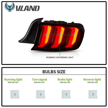 VLAND LED Tail Lights for Ford Mustang S550 2015–2023 Sequential Turn Signal 5 Modes Rear Lamps Assembly