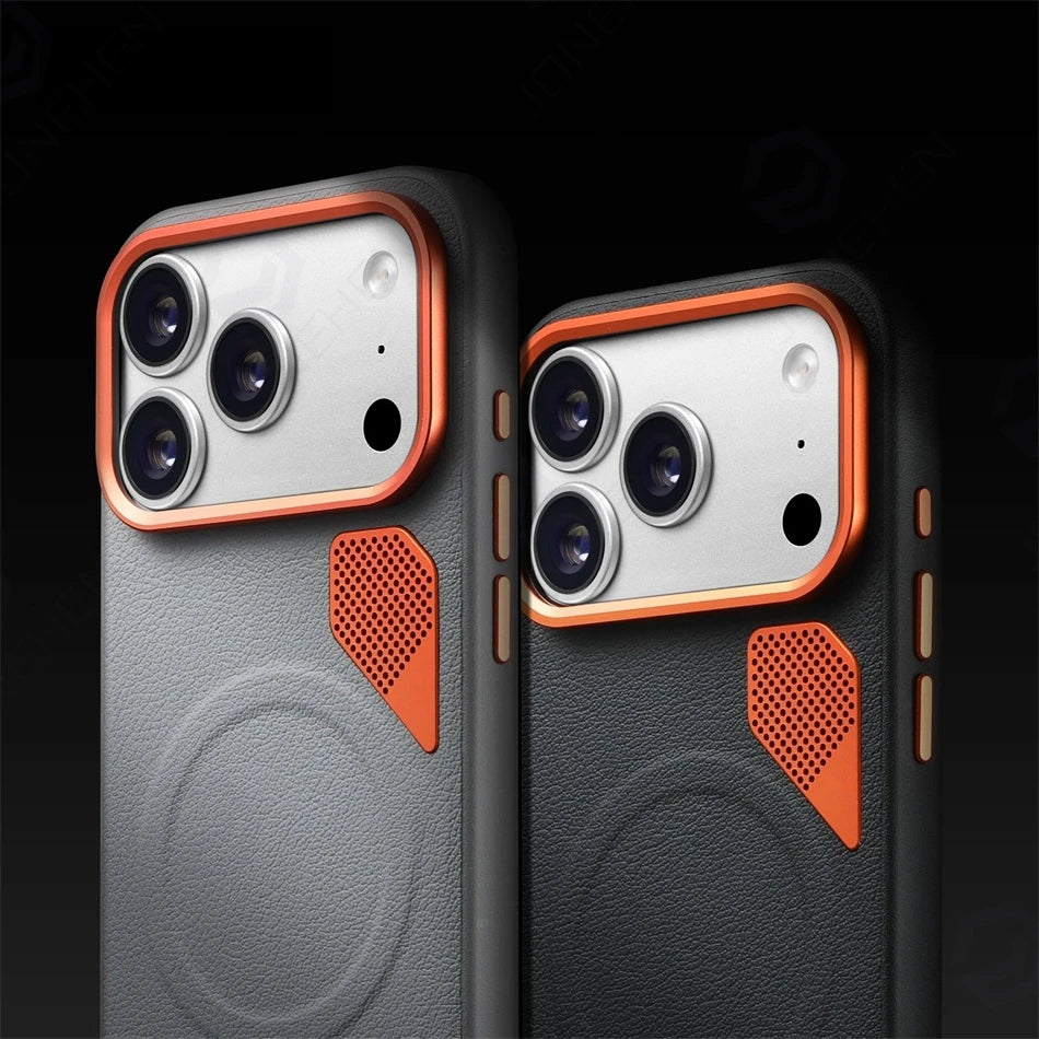 For iPhone 15 16 17 Air 18 Pro Max Magnetic Case Busines High Quality Leather Hard Heat Dissipation Alloy Len Cover For Magsasfe